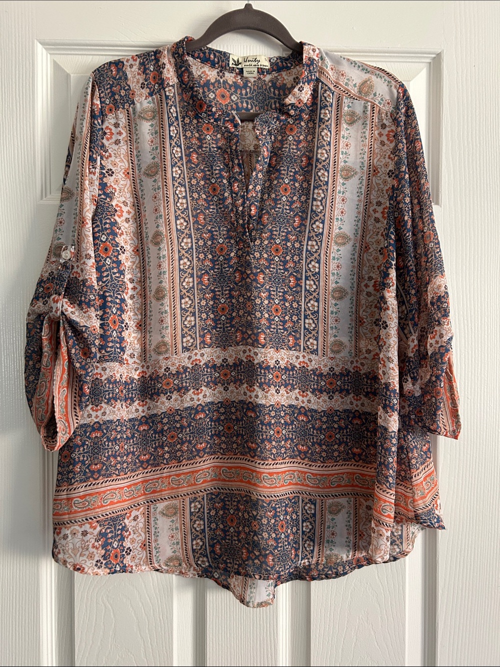 Unity World Wear Boho Paisley Border Print Tunic Blouse Top XL